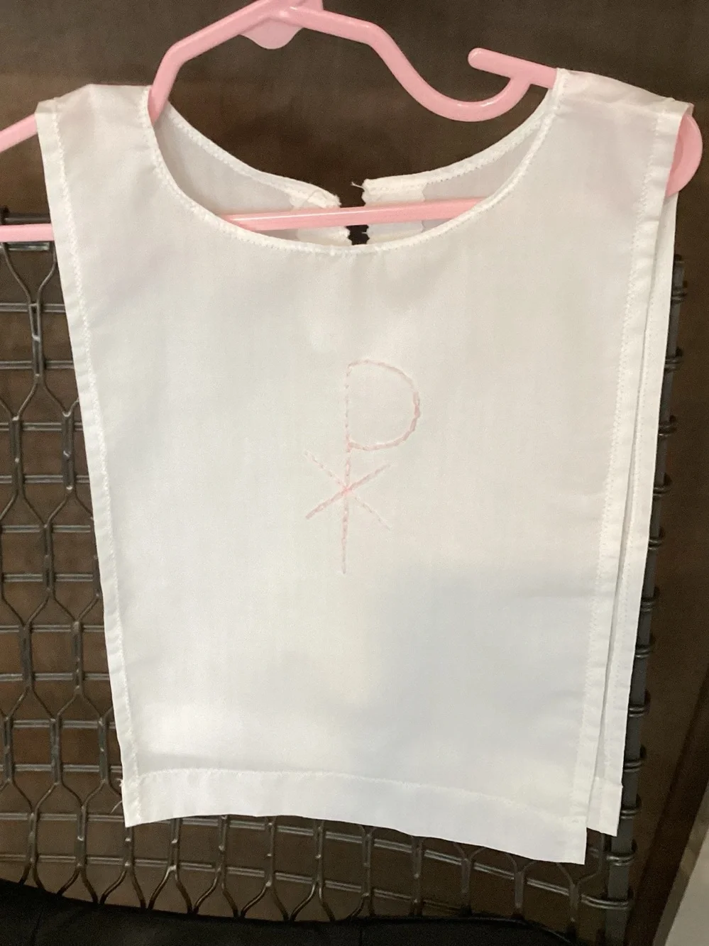Vtg. Hand-made? Baptismal Bib (garment). The pink embroidery features the